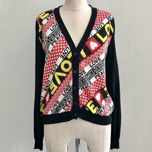 Love Moschino Silk Cotton Graphic Print Cardigan Size 8 Peace Heart Spell Out
